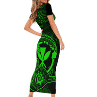 Hawaii Family Matching Short Sleeve Bodycon Dress and Hawaiian Shirt Shaka Tattoo Mix Polynesian Plumeria Green Version - Wonder Print Shop