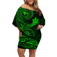 Hawaii Off Shoulder Short Dress Shaka Tattoo Mix Polynesian Plumeria Green Version - Wonder Print Shop