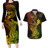 Hawaii Couples Matching Long Sleeve Bodycon Dress and Hawaiian Shirt Hammerhead Shark Tattoo Mix Polynesian Plumeria Reggae Version - Wonder Print Shop