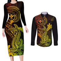 Hawaii Couples Matching Long Sleeve Bodycon Dress and Long Sleeve Button Shirts Hammerhead Shark Tattoo Mix Polynesian Plumeria Reggae Version - Wonder Print Shop