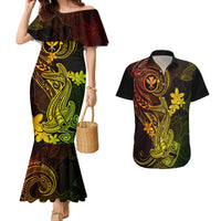 Hawaii Couples Matching Mermaid Dress and Hawaiian Shirt Hammerhead Shark Tattoo Mix Polynesian Plumeria Reggae Version - Wonder Print Shop