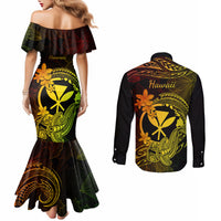 hawaii-couples-matching-mermaid-dress-and-long-sleeve-button-shirts-hammerhead-shark-tattoo-mix-polynesian-plumeria-reggae-version