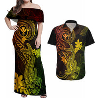 Hawaii Couples Matching Off Shoulder Maxi Dress and Hawaiian Shirt Hammerhead Shark Tattoo Mix Polynesian Plumeria Reggae Version - Wonder Print Shop