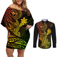Hawaii Couples Matching Off Shoulder Short Dress and Long Sleeve Button Shirts Hammerhead Shark Tattoo Mix Polynesian Plumeria Reggae Version - Wonder Print Shop