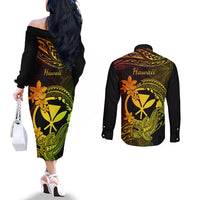 hawaii-couples-matching-off-the-shoulder-long-sleeve-dress-and-long-sleeve-button-shirts-hammerhead-shark-tattoo-mix-polynesian-plumeria-reggae-version