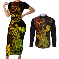 Hawaii Couples Matching Short Sleeve Bodycon Dress and Long Sleeve Button Shirts Hammerhead Shark Tattoo Mix Polynesian Plumeria Reggae Version - Wonder Print Shop