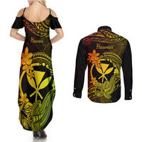 Hawaii Couples Matching Summer Maxi Dress and Long Sleeve Button Shirts Hammerhead Shark Tattoo Mix Polynesian Plumeria Reggae Version - Wonder Print Shop