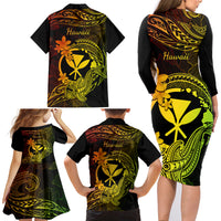 Hawaii Family Matching Long Sleeve Bodycon Dress and Hawaiian Shirt Hammerhead Shark Tattoo Mix Polynesian Plumeria Reggae Version - Wonder Print Shop