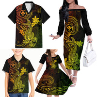 Hawaii Family Matching Off Shoulder Long Sleeve Dress and Hawaiian Shirt Hammerhead Shark Tattoo Mix Polynesian Plumeria Reggae Version - Wonder Print Shop