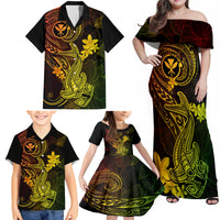 Hawaii Family Matching Off Shoulder Maxi Dress and Hawaiian Shirt Hammerhead Shark Tattoo Mix Polynesian Plumeria Reggae Version - Wonder Print Shop