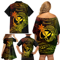 Hawaii Family Matching Off Shoulder Short Dress and Hawaiian Shirt Hammerhead Shark Tattoo Mix Polynesian Plumeria Reggae Version - Wonder Print Shop