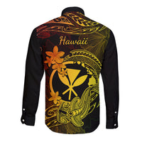 Hawaii Long Sleeve Button Shirt Hammerhead Shark Tattoo Mix Polynesian Plumeria Reggae Version - Wonder Print Shop