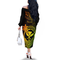 Hawaii Off The Shoulder Long Sleeve Dress Hammerhead Shark Tattoo Mix Polynesian Plumeria Reggae Version - Wonder Print Shop
