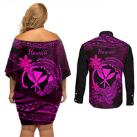 Hawaii Couples Matching Off Shoulder Short Dress and Long Sleeve Button Shirts Hammerhead Shark Tattoo Mix Polynesian Plumeria Pink Version - Wonder Print Shop