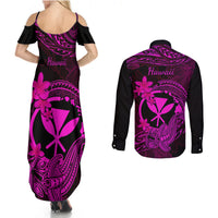 Hawaii Couples Matching Summer Maxi Dress and Long Sleeve Button Shirts Hammerhead Shark Tattoo Mix Polynesian Plumeria Pink Version - Wonder Print Shop