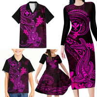 Hawaii Family Matching Long Sleeve Bodycon Dress and Hawaiian Shirt Hammerhead Shark Tattoo Mix Polynesian Plumeria Pink Version - Wonder Print Shop