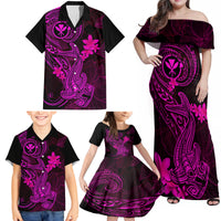 Hawaii Family Matching Off Shoulder Maxi Dress and Hawaiian Shirt Hammerhead Shark Tattoo Mix Polynesian Plumeria Pink Version - Wonder Print Shop