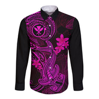 Hawaii Long Sleeve Button Shirt Hammerhead Shark Tattoo Mix Polynesian Plumeria Pink Version - Wonder Print Shop