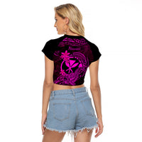 Hawaii Raglan Cropped T Shirt Hammerhead Shark Tattoo Mix Polynesian Plumeria Pink Version - Wonder Print Shop