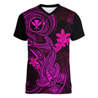 Hawaii Women V Neck T Shirt Hammerhead Shark Tattoo Mix Polynesian Plumeria Pink Version - Wonder Print Shop