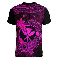 Hawaii Women V Neck T Shirt Hammerhead Shark Tattoo Mix Polynesian Plumeria Pink Version - Wonder Print Shop