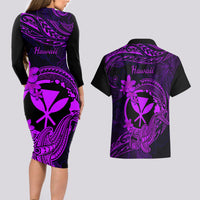 Hawaii Couples Matching Long Sleeve Bodycon Dress and Hawaiian Shirt Hammerhead Shark Tattoo Mix Polynesian Plumeria Purple Version - Wonder Print Shop