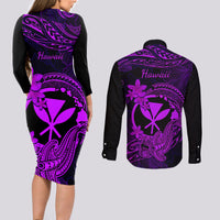 Hawaii Couples Matching Long Sleeve Bodycon Dress and Long Sleeve Button Shirts Hammerhead Shark Tattoo Mix Polynesian Plumeria Purple Version - Wonder Print Shop