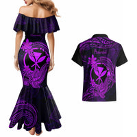 Hawaii Couples Matching Mermaid Dress and Hawaiian Shirt Hammerhead Shark Tattoo Mix Polynesian Plumeria Purple Version - Wonder Print Shop