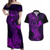 Hawaii Couples Matching Off Shoulder Maxi Dress and Hawaiian Shirt Hammerhead Shark Tattoo Mix Polynesian Plumeria Purple Version - Wonder Print Shop