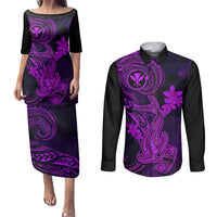 Hawaii Couples Matching Puletasi Dress and Long Sleeve Button Shirts Hammerhead Shark Tattoo Mix Polynesian Plumeria Purple Version - Wonder Print Shop