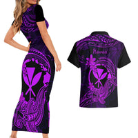Hawaii Couples Matching Short Sleeve Bodycon Dress and Hawaiian Shirt Hammerhead Shark Tattoo Mix Polynesian Plumeria Purple Version - Wonder Print Shop