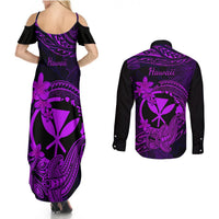 Hawaii Couples Matching Summer Maxi Dress and Long Sleeve Button Shirts Hammerhead Shark Tattoo Mix Polynesian Plumeria Purple Version - Wonder Print Shop