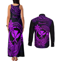 Hawaii Couples Matching Tank Maxi Dress and Long Sleeve Button Shirts Hammerhead Shark Tattoo Mix Polynesian Plumeria Purple Version - Wonder Print Shop