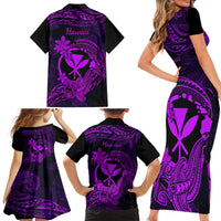 Hawaii Family Matching Short Sleeve Bodycon Dress and Hawaiian Shirt Hammerhead Shark Tattoo Mix Polynesian Plumeria Purple Version - Wonder Print Shop