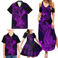 Hawaii Family Matching Summer Maxi Dress and Hawaiian Shirt Hammerhead Shark Tattoo Mix Polynesian Plumeria Purple Version - Wonder Print Shop