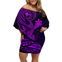 Hawaii Off Shoulder Short Dress Hammerhead Shark Tattoo Mix Polynesian Plumeria Purple Version - Wonder Print Shop