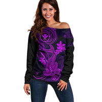 Hawaii Off Shoulder Sweater Hammerhead Shark Tattoo Mix Polynesian Plumeria Purple Version - Wonder Print Shop