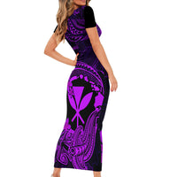 Hawaii Short Sleeve Bodycon Dress Hammerhead Shark Tattoo Mix Polynesian Plumeria Purple Version - Wonder Print Shop