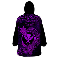 Hawaii Wearable Blanket Hoodie Hammerhead Shark Tattoo Mix Polynesian Plumeria Purple Version - Wonder Print Shop