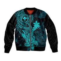 Hawaii Bomber Jacket Hammerhead Shark Tattoo Mix Polynesian Plumeria Turquoise Version - Wonder Print Shop