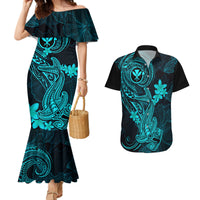 Hawaii Couples Matching Mermaid Dress and Hawaiian Shirt Hammerhead Shark Tattoo Mix Polynesian Plumeria Turquoise Version - Wonder Print Shop
