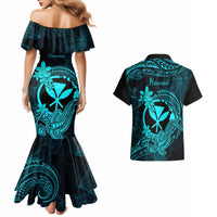 Hawaii Couples Matching Mermaid Dress and Hawaiian Shirt Hammerhead Shark Tattoo Mix Polynesian Plumeria Turquoise Version - Wonder Print Shop