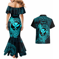 Hawaii Couples Matching Mermaid Dress and Hawaiian Shirt Hammerhead Shark Tattoo Mix Polynesian Plumeria Turquoise Version - Wonder Print Shop