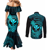 hawaii-couples-matching-mermaid-dress-and-long-sleeve-button-shirts-hammerhead-shark-tattoo-mix-polynesian-plumeria-turquoise-version
