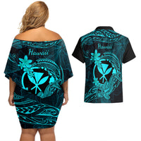 Hawaii Couples Matching Off Shoulder Short Dress and Hawaiian Shirt Hammerhead Shark Tattoo Mix Polynesian Plumeria Turquoise Version - Wonder Print Shop