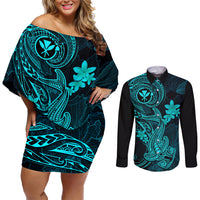 Hawaii Couples Matching Off Shoulder Short Dress and Long Sleeve Button Shirts Hammerhead Shark Tattoo Mix Polynesian Plumeria Turquoise Version - Wonder Print Shop