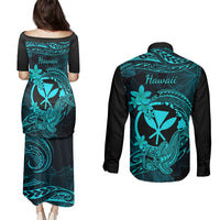 Hawaii Couples Matching Puletasi Dress and Long Sleeve Button Shirts Hammerhead Shark Tattoo Mix Polynesian Plumeria Turquoise Version - Wonder Print Shop