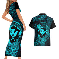 Hawaii Couples Matching Short Sleeve Bodycon Dress and Hawaiian Shirt Hammerhead Shark Tattoo Mix Polynesian Plumeria Turquoise Version - Wonder Print Shop