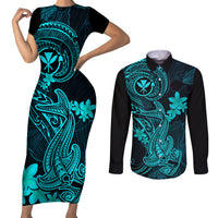 Hawaii Couples Matching Short Sleeve Bodycon Dress and Long Sleeve Button Shirts Hammerhead Shark Tattoo Mix Polynesian Plumeria Turquoise Version - Wonder Print Shop