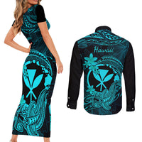 Hawaii Couples Matching Short Sleeve Bodycon Dress and Long Sleeve Button Shirts Hammerhead Shark Tattoo Mix Polynesian Plumeria Turquoise Version - Wonder Print Shop